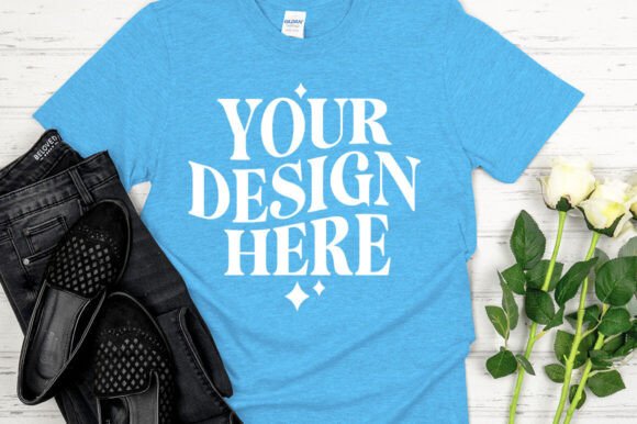 Gildan 64000 Mockup Heather Sapphire: Graphics & Product Mockups
